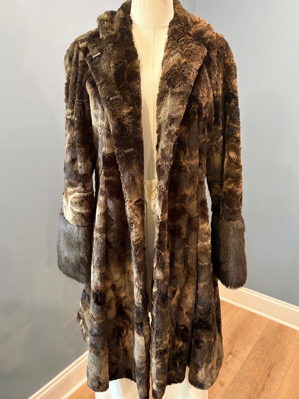 Vintage Hilary Radley Brown Faux Fur Coat Animal Print Statement Jacket Small